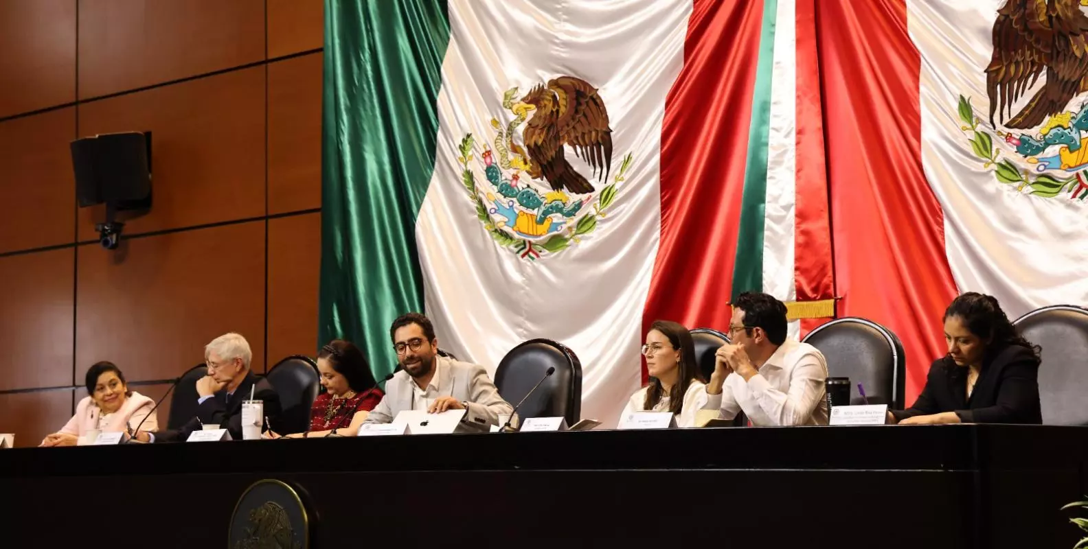 Panel at long table in front of Mexican flags